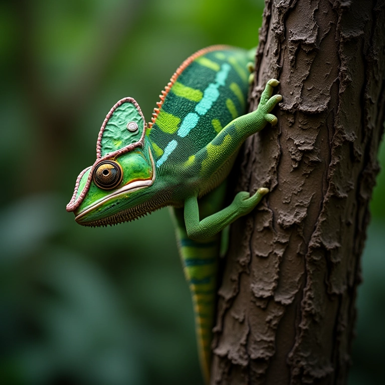 Camaleão camuflado para proteção contra predadores.