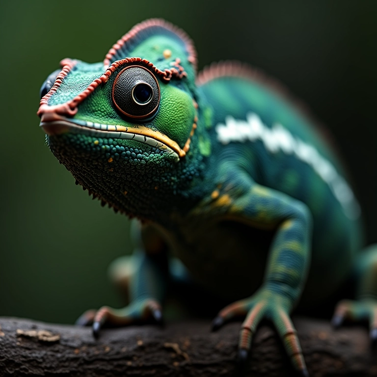 Camaleão intimidando com cores escuras e inflado.
