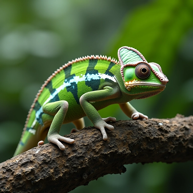 Camaleão se adaptando a diferentes ambientes com camuflagem.