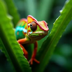 Camaleão vibrante camuflado na floresta tropical brasileira.