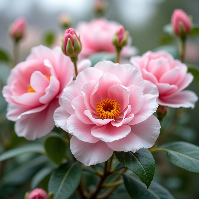 Camélias elegantes em um jardim de inverno envidraçado.