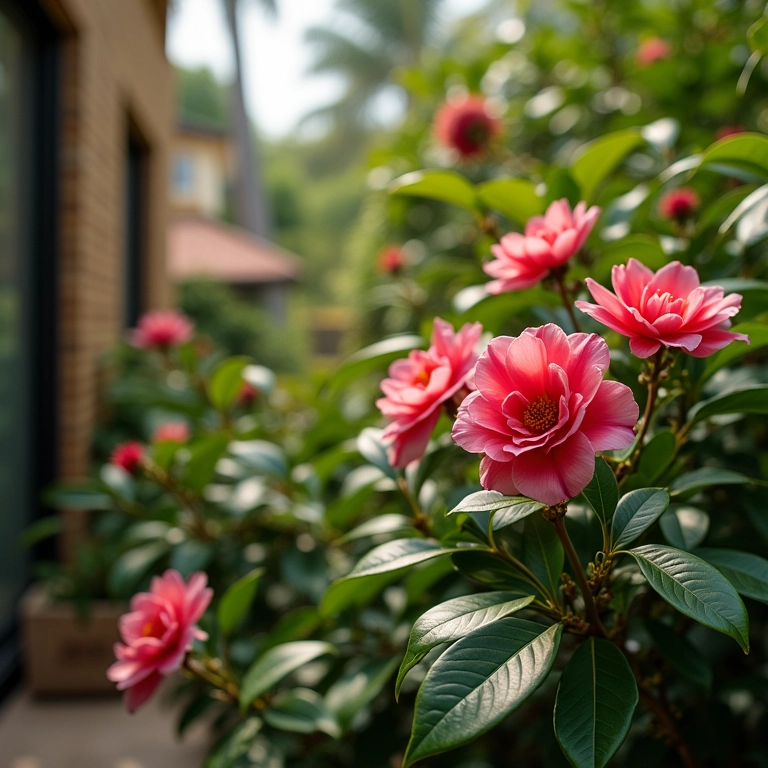 Camélias prosperando em pátio bem iluminado.