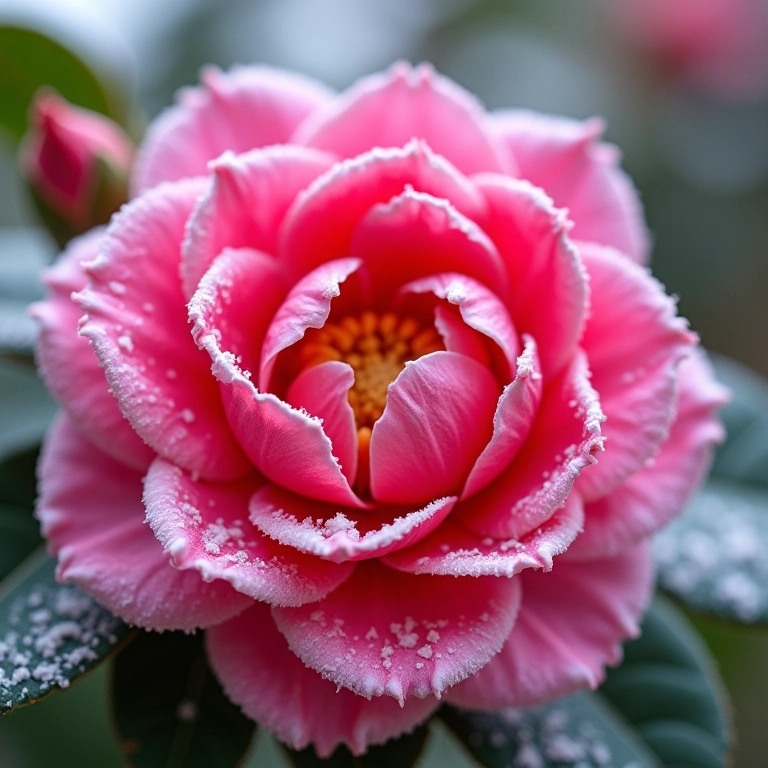 Camellia japonica, a rainha do inverno, com pétalas cobertas de neve.
