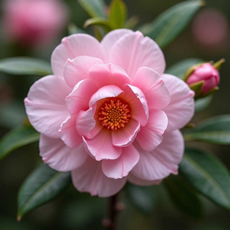 Camellia sasanqua, floração precoce e perfumada, com pétalas rosa suaves.