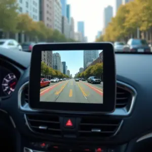 Câmera de Ré: O Acessório Que Facilita e Dá Segurança Câmera de ré moderna exibindo imagem nítida no painel do carro, demonstrando segurança e praticidade.