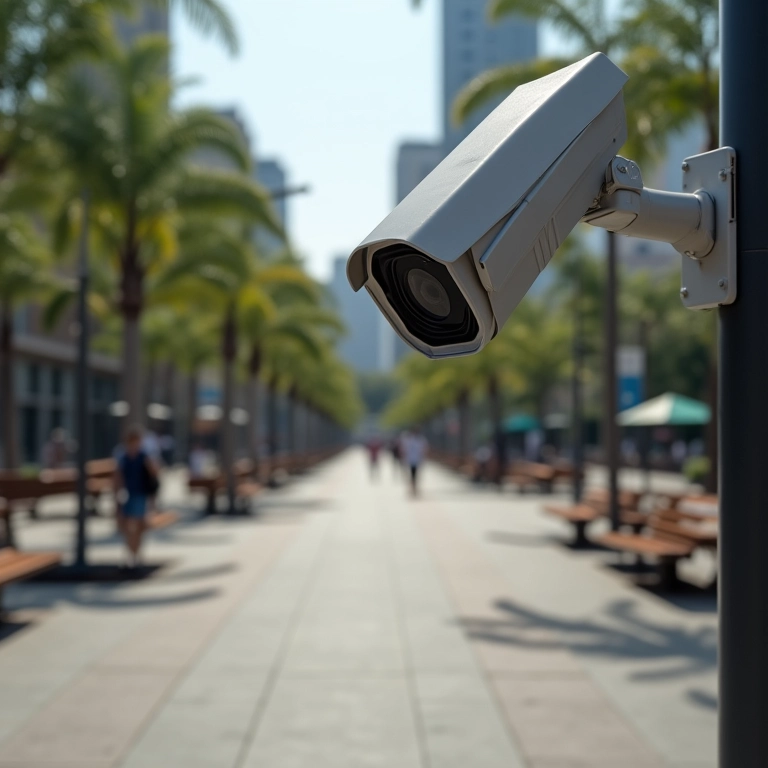 Câmera de segurança ostensiva em praça pública.