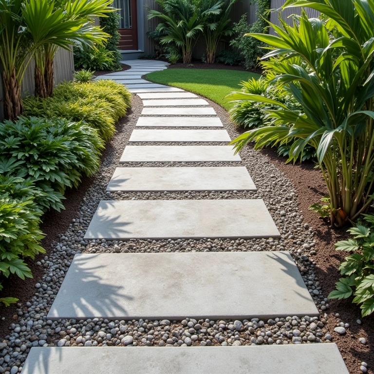 Caminho de concreto com incrustações, design original e elementos de jardim.