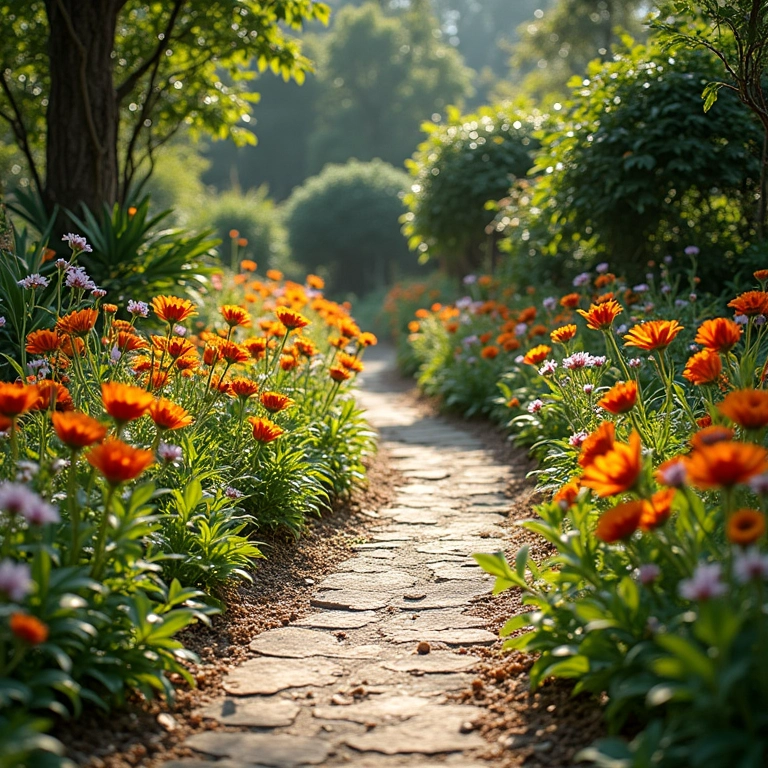 Caminho de jardim com bordas floridas, design romântico e flores coloridas.