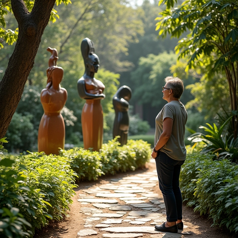 Caminho de jardim com esculturas, design artístico e arte no jardim.