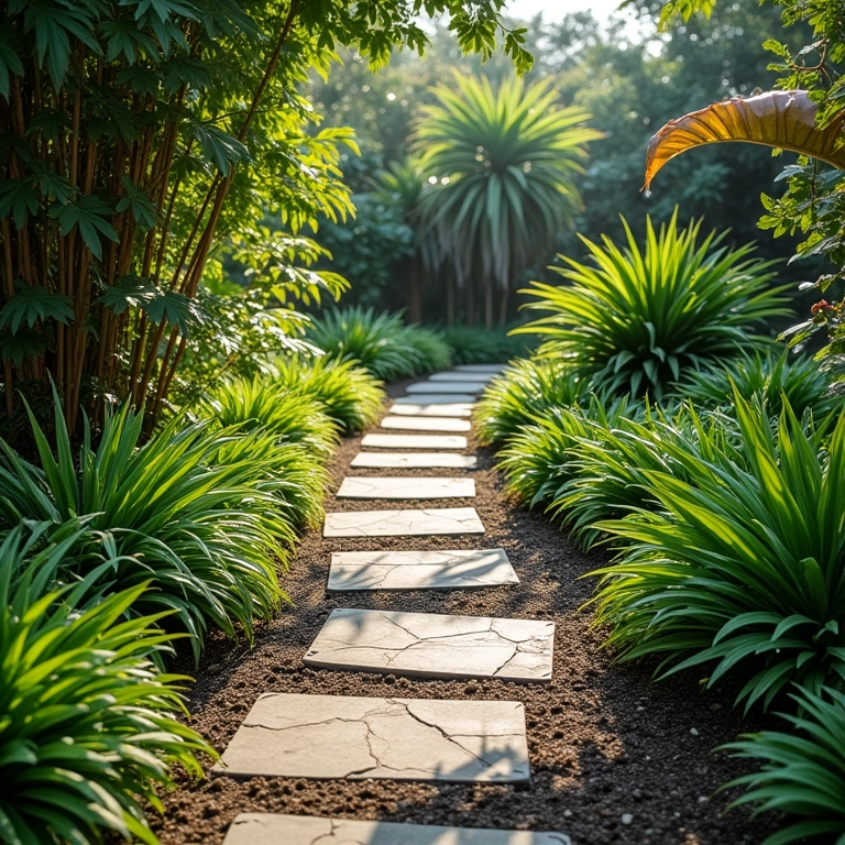 Caminho de jardim com plantas rasteiras, design natural e paisagem integrada.