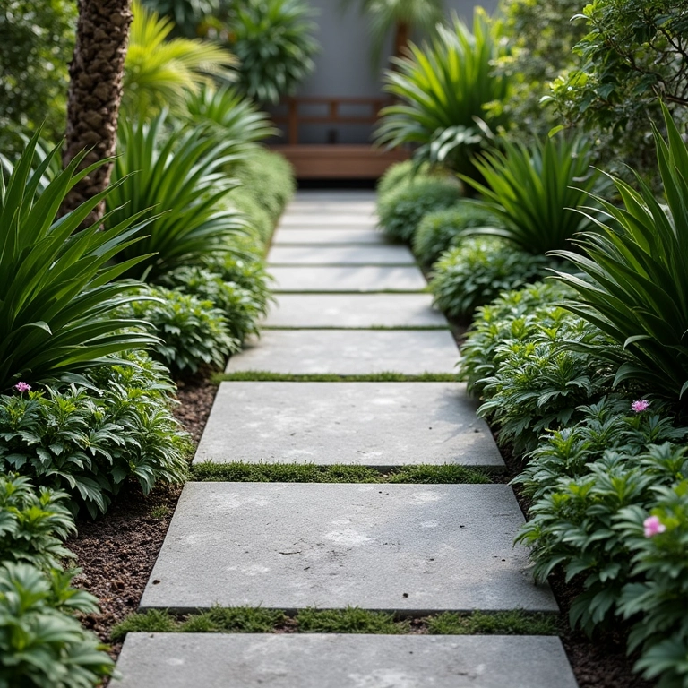 Caminho de jardim de concreto com design moderno e padrões personalizáveis.