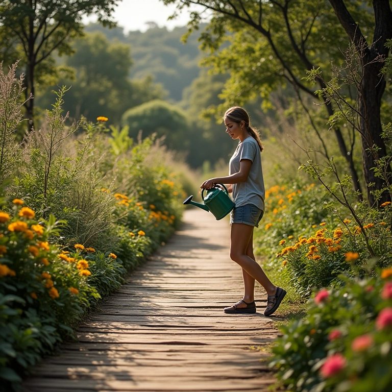 Caminho de jardim de madeira com charme rústico cercado por flores coloridas.