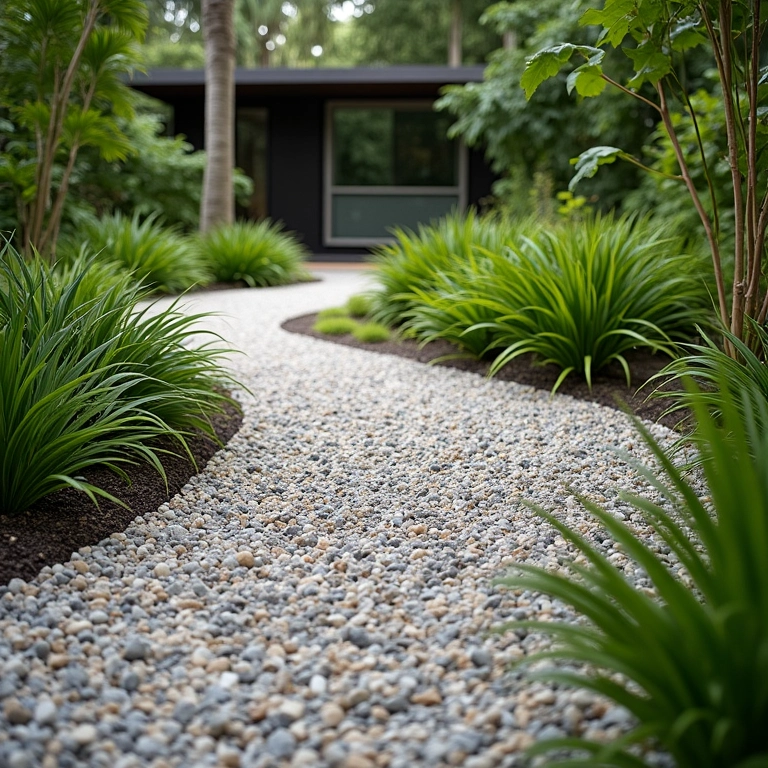 Caminho de jardim de seixos e cascalhos com design minimalista e visual natural.