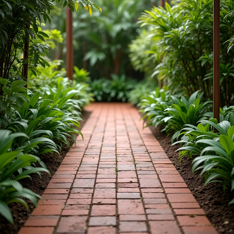 Caminho de jardim de tijolos com design clássico, cercado por plantas verdes.
