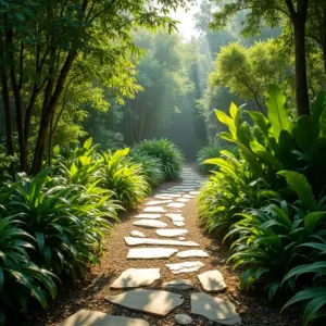 Caminhos De Jardim Ideias Para Guiar Seus Passos Caminho de jardim exuberante com vegetação vibrante e detalhes em pedra natural.