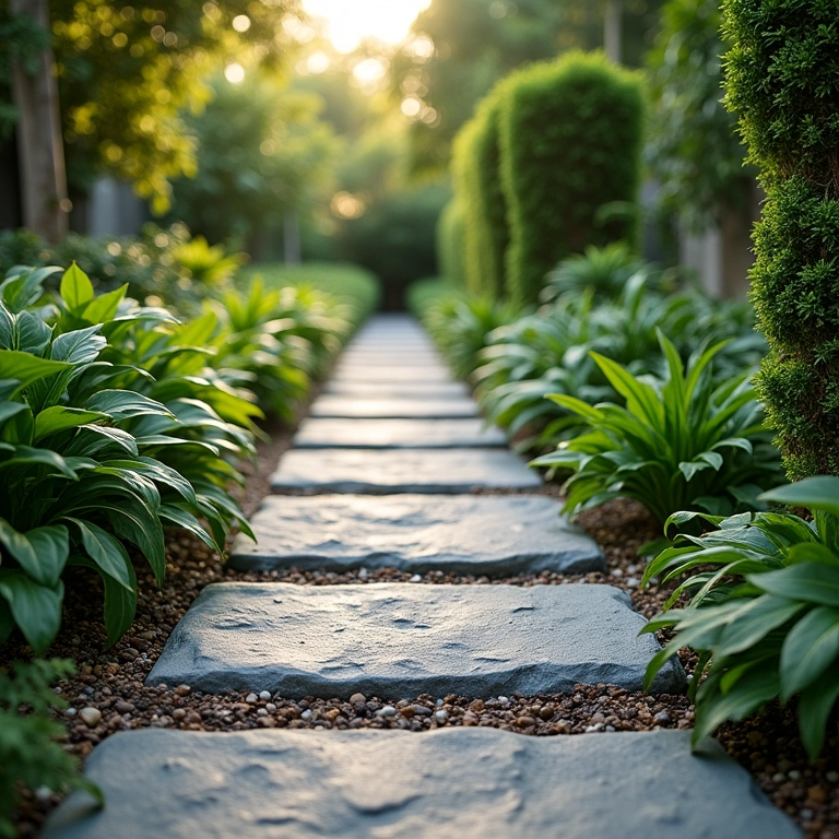 Caminho de jardim feito com pedras naturais, design elegante e vegetação exuberante.