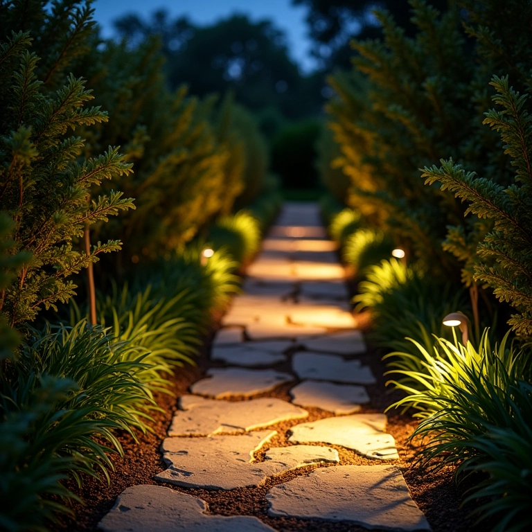 Caminho de jardim iluminado com design seguro e atmosfera aconchegante.