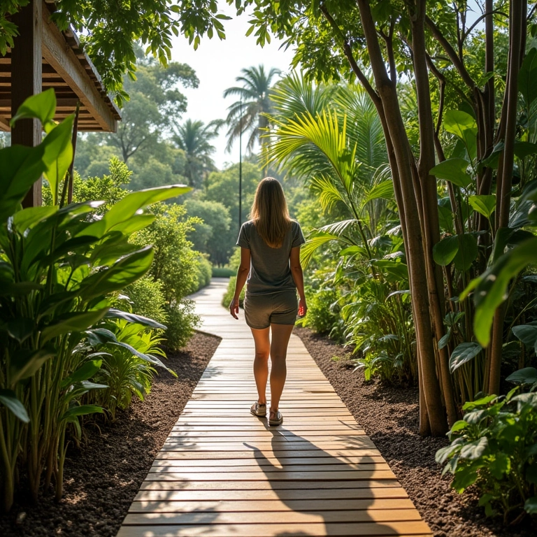 Caminho de madeira elevado com design funcional e vista para o jardim.
