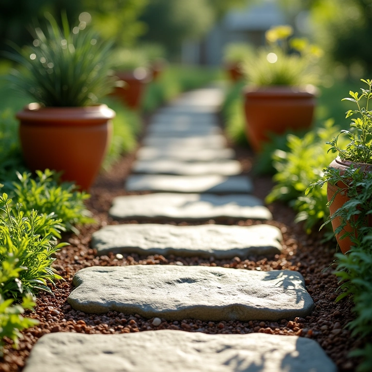 Caminho de pedra no jardim, vasos de terracota, fundação estável e segurança.