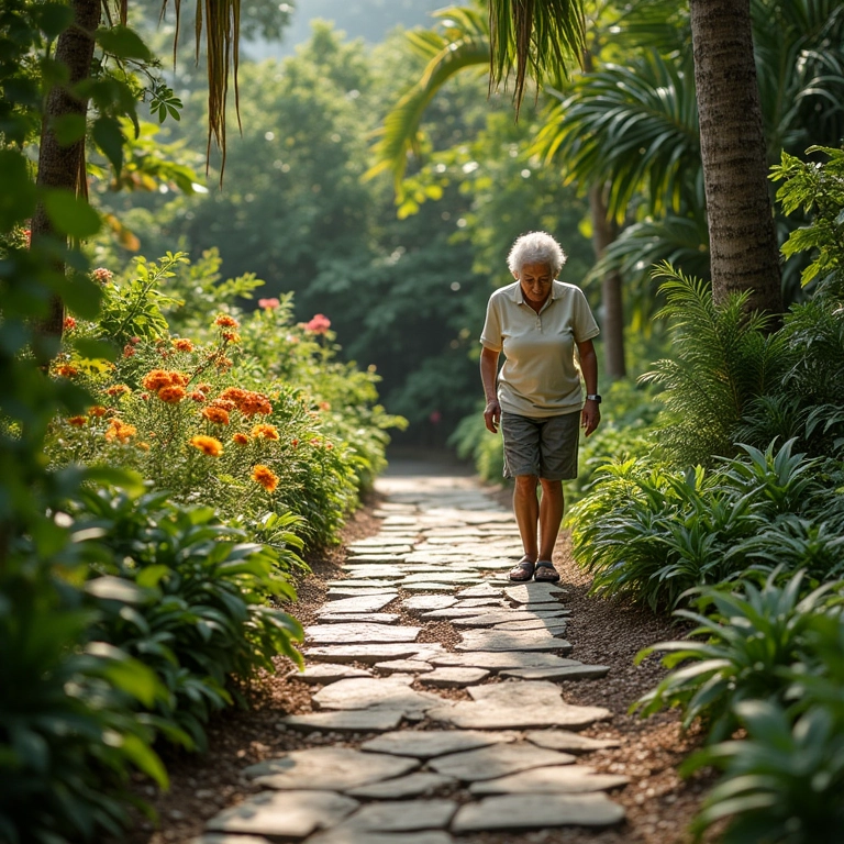 Caminho de pedras irregulares com estilo natural e plantas exuberantes.