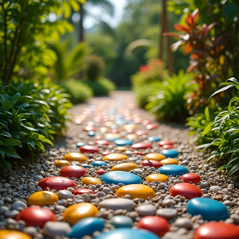 Caminho de seixos coloridos com design alegre e detalhes no jardim.