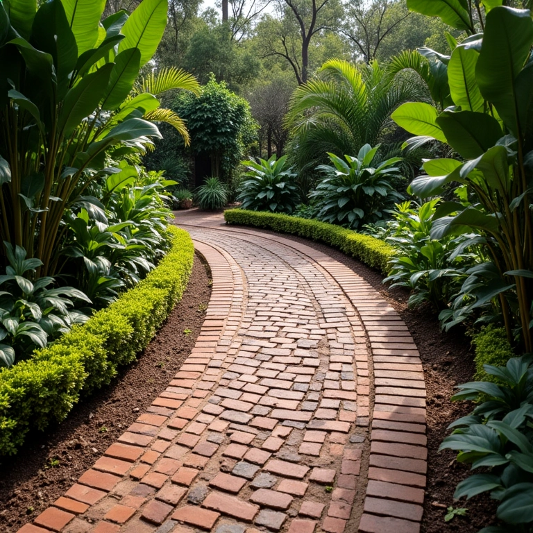 Caminho de tijolos em espiral com design clássico e arte no jardim.