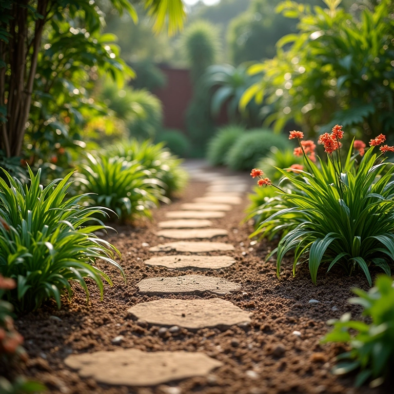 Caminho designado em um jardim para evitar a compactação do solo.