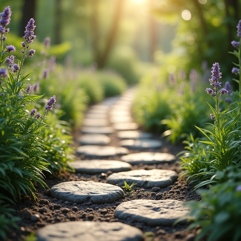 Caminho sensorial em um jardim com pedras texturizadas e ervas aromáticas.