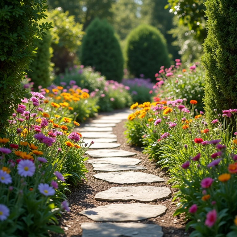 Caminho sinuoso em jardim inglês com flores vibrantes e vegetação exuberante.
