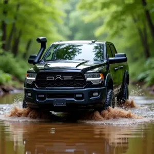 Caminhonete 4x4 preta com snorkel atravessando rio raso.