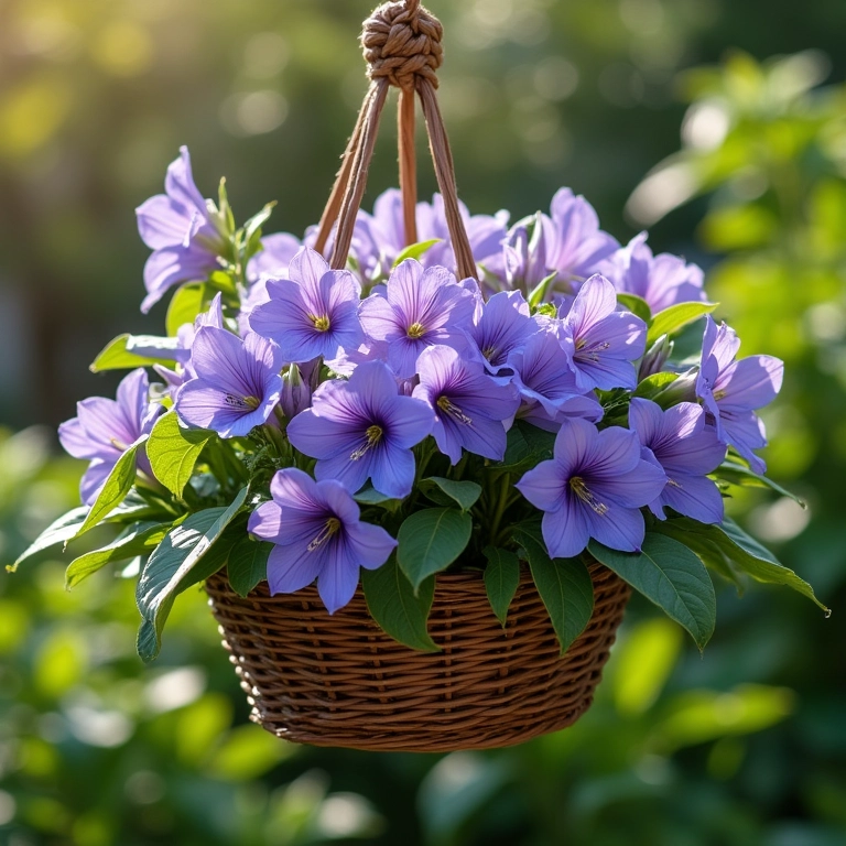 CampĂąnulas em cesto pendurado, simbolizando gratidĂŁo e reconhecimento.
