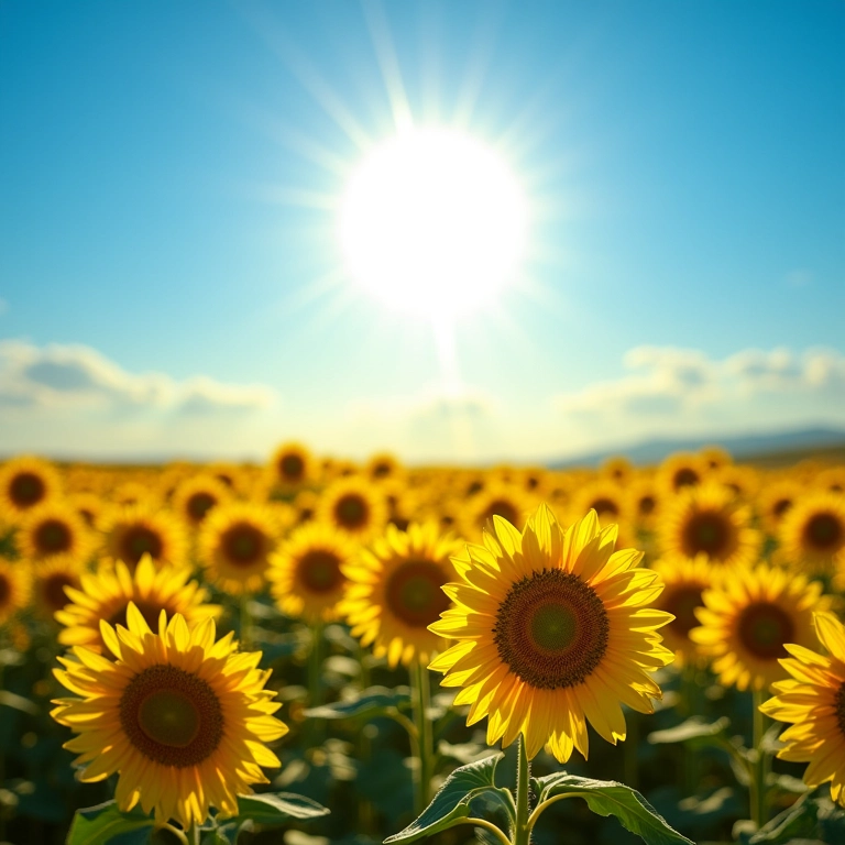 Campo de girassóis sob o sol, irradiando alegria e vitalidade.