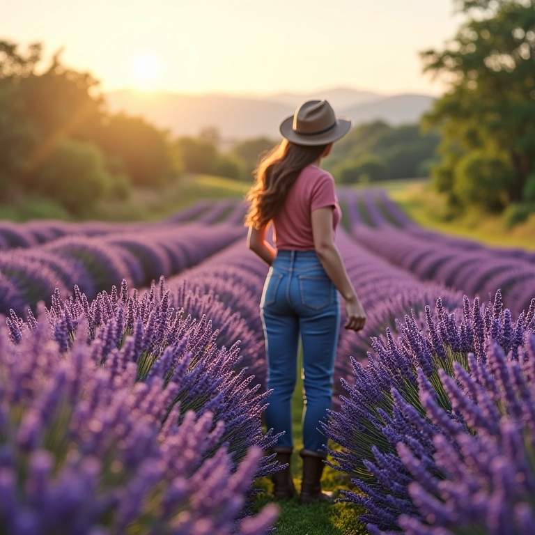 Campo de lavanda em jardim brasileiro, com mulher cuidando das plantas.