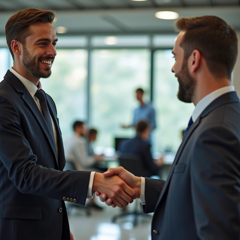 Candidata sorrindo apertando a mão de gerente em escritório.