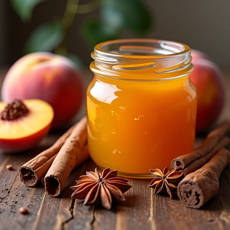 Canela em pau e anis estrelado ao lado de um pote de geleia de pêssego.