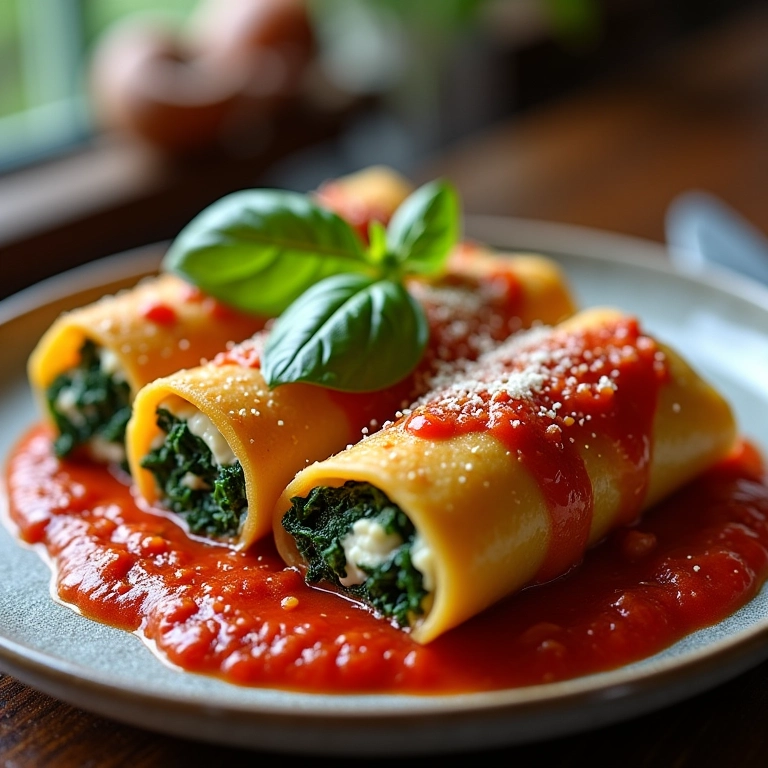 Canelone recheado com ricota e espinafre em prato com molho de tomate.