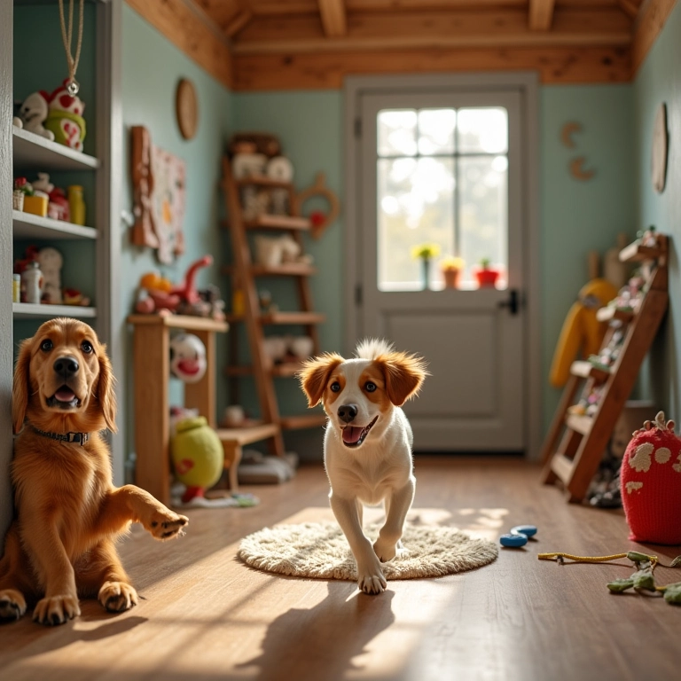 Canil com espaço para brincar e relaxar.