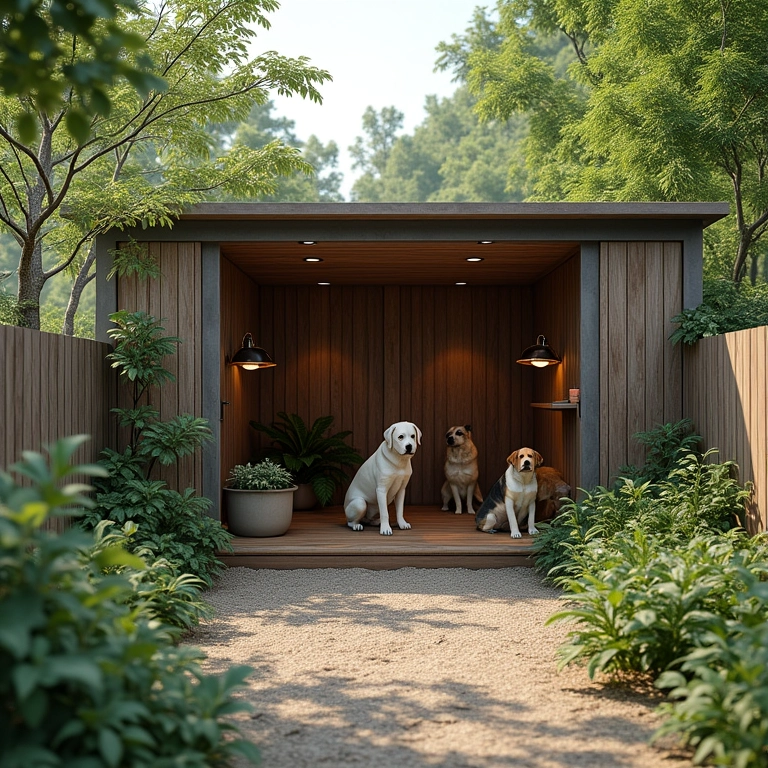 Canil integrado à natureza com plantas e árvores.