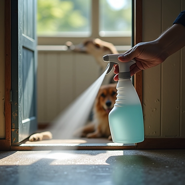 Canil limpo com spray desinfetante.