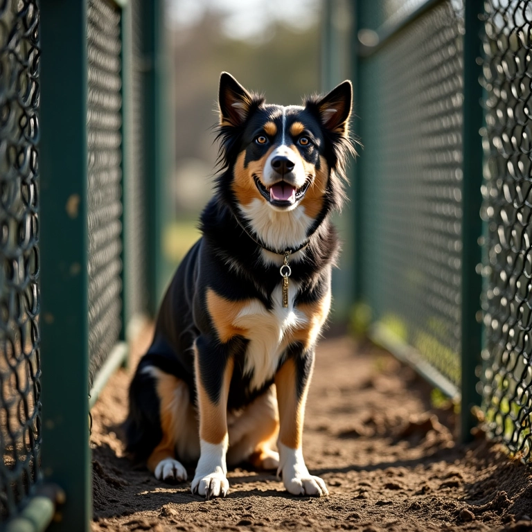 Canil seguro com cerca resistente e área sombreada.