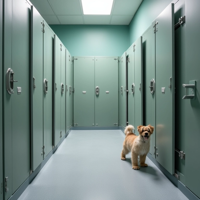 Canis de clínica veterinária com isolamento acústico e camas confortáveis.