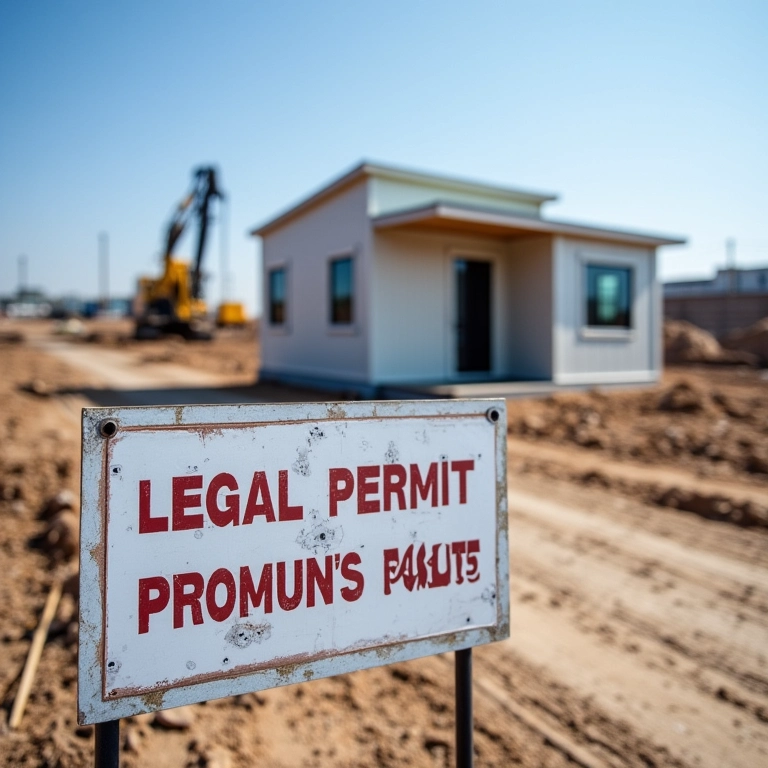 Canteiro de obras com casa container e placa de alvará.