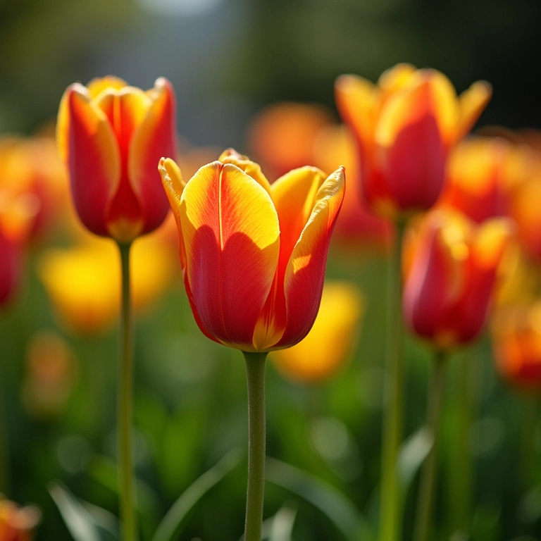 Canteiro de tulipas sob a luz ideal do sol.