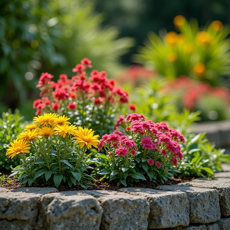 Canteiros de alvenaria com plantas vibrantes em um jardim brasileiro.