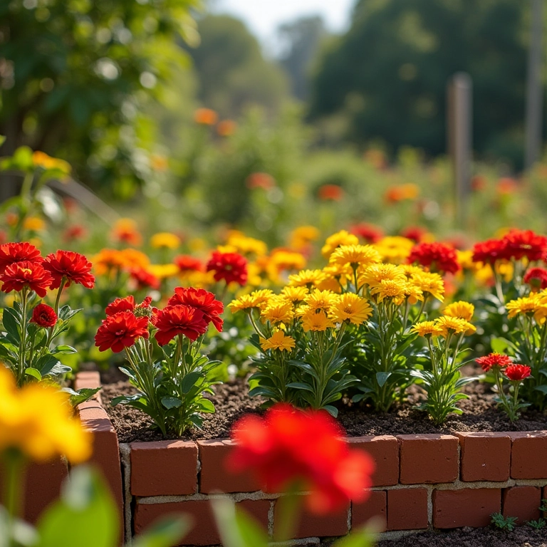 Canteiros de tijolos em um jardim ensolarado no Brasil.
