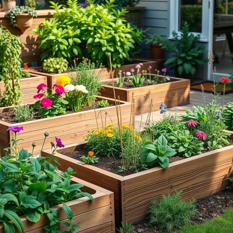 Canteiros elevados com bordas de madeira em um jardim pequeno.