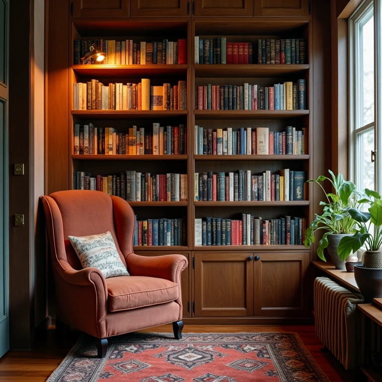 Cantinho de leitura aconchegante com estantes cheias de livros coloridos. Poltrona confortável.