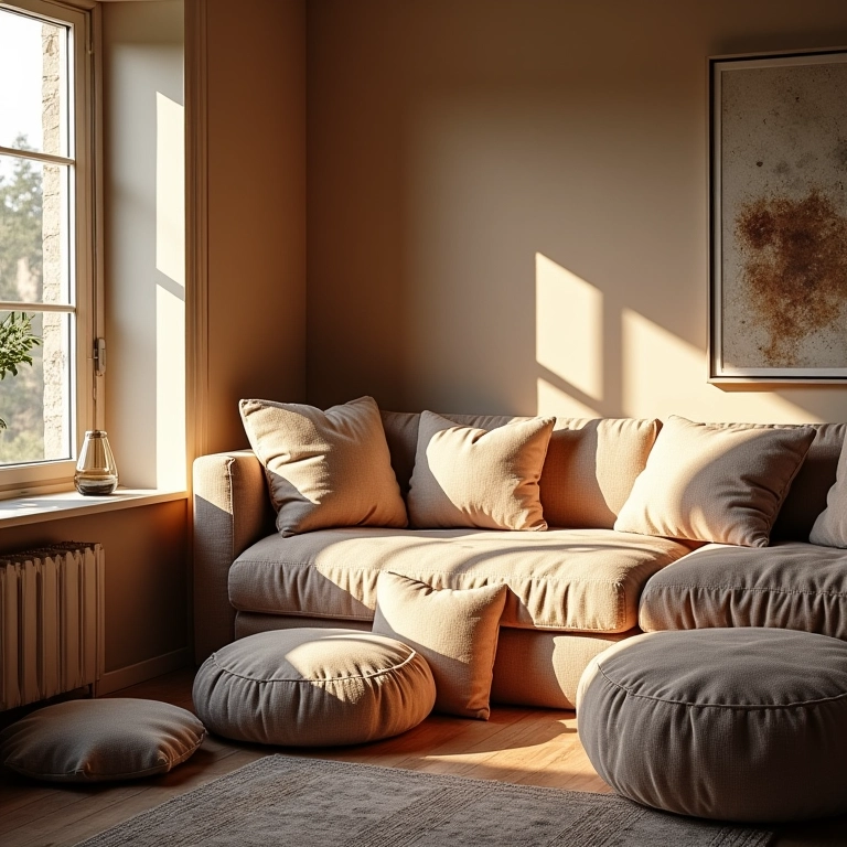 Canto alemão aconchegante com almofadas e iluminação natural.