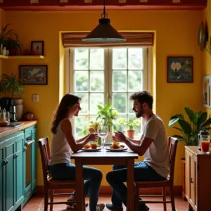 Canto alemão aconchegante em casa brasileira com decoração vibrante.