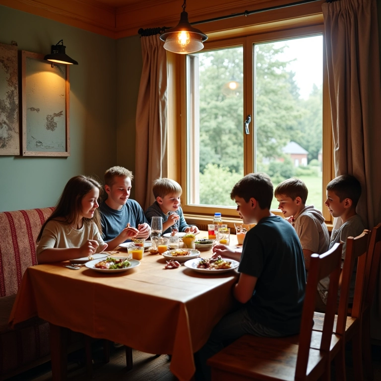 Canto alemão com muitos lugares para sentar na sala de jantar.